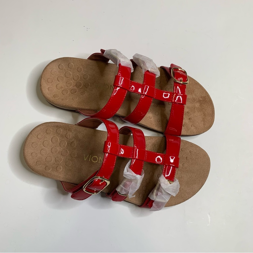 New Vionic Sandals Red Gold Strappy Slip On Patent Leather Sz 9 Wide